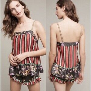 J18 Anthropologie Eloise Acacia Striped Mixed Fabric Pajama Shorts Set Sz M